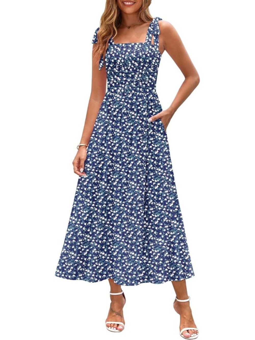 🆕 Women's Navy Blue Floral Sleeveless Square Neck With Pocket Maxi Dress